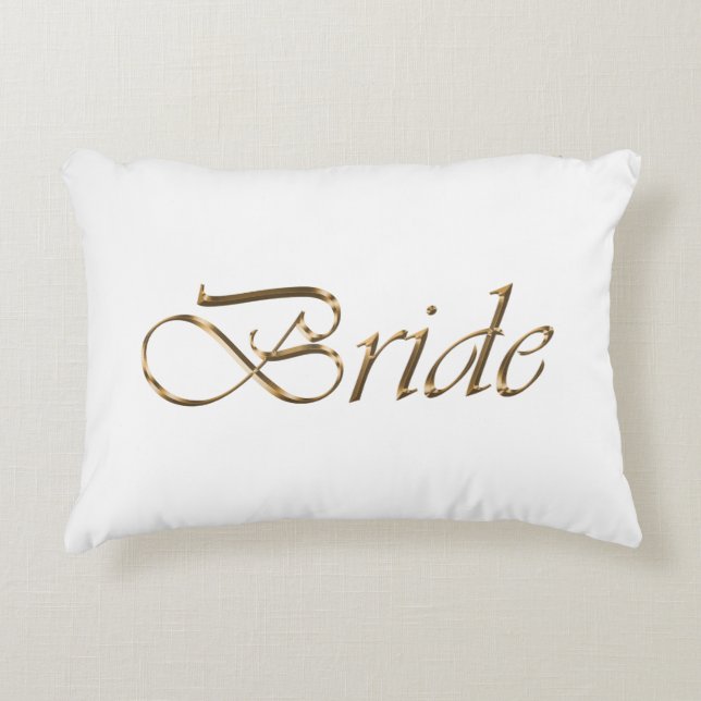 Bride, gold script elegant chic white accent pillow (Front)