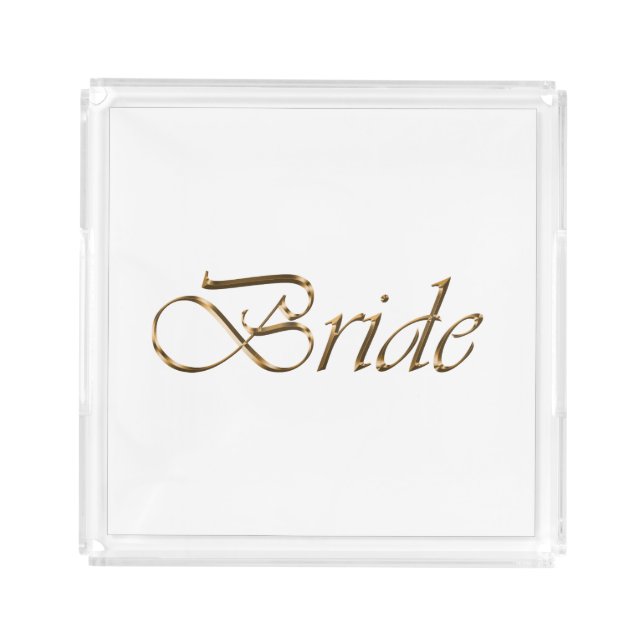 Bride, gold script elegant chic white acrylic tray (Front)