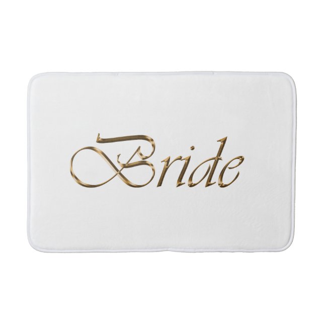 Bride, gold script elegant chic white bath mat (Front)