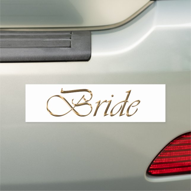 Bride, gold script elegant chic white car magnet (In Situ)