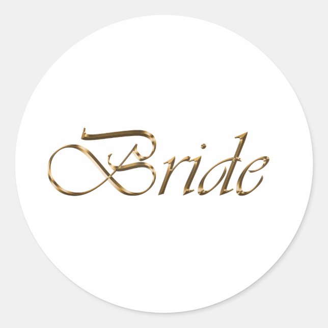 Bride, gold script elegant chic white classic round sticker (Front)