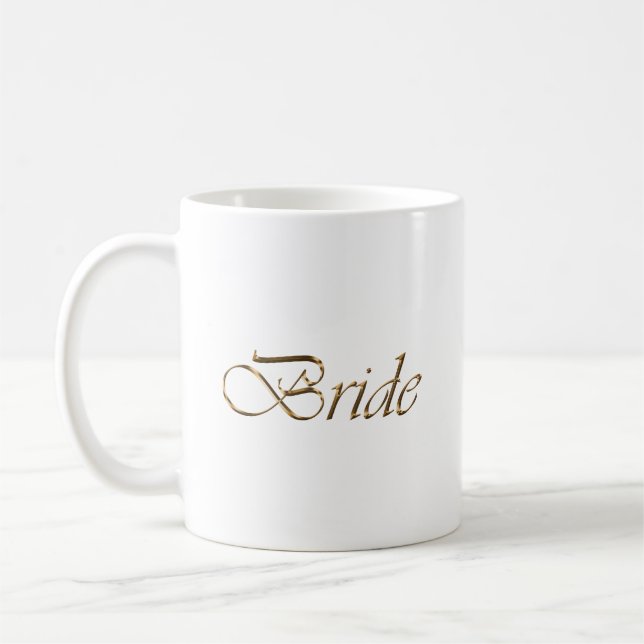 Bride, gold script elegant chic white coffee mug (Left)