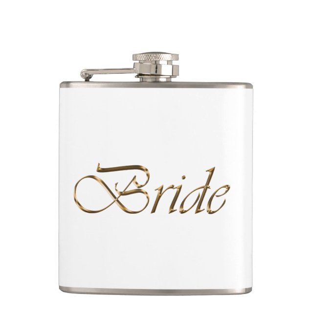Bride, gold script elegant chic white flask (Front)
