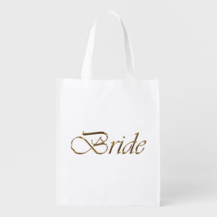 Bride, gold script elegant chic white grocery bag