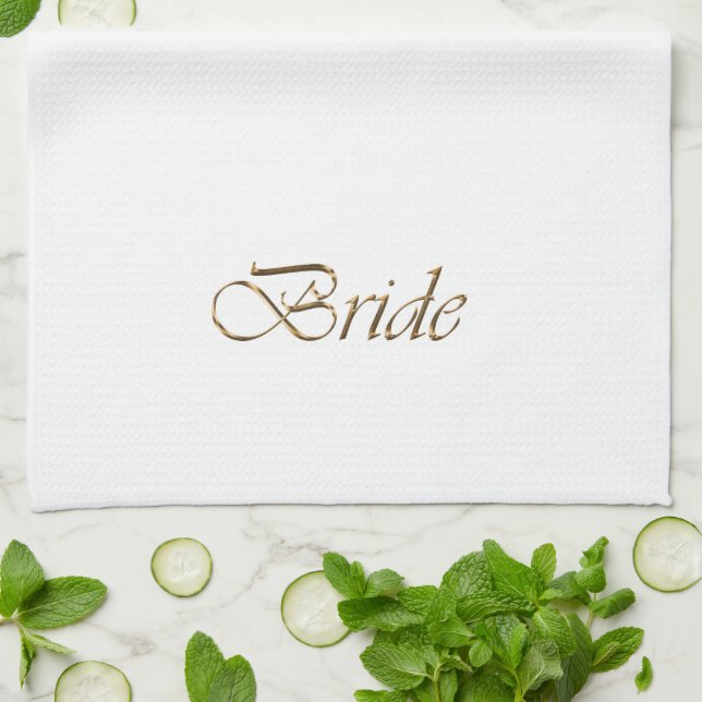 Bride, gold script elegant chic white kitchen towel (Folded)