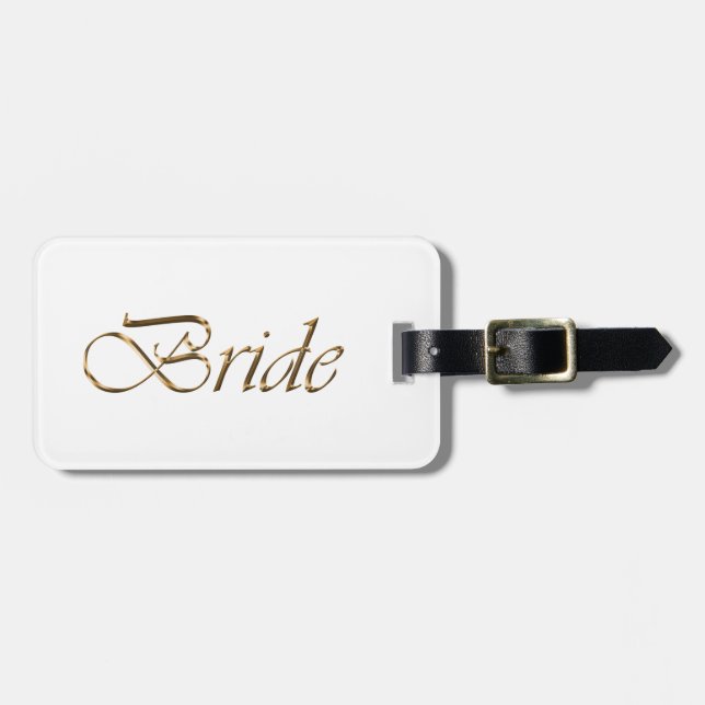 Bride, gold script elegant chic white luggage tag (Front Horizontal)