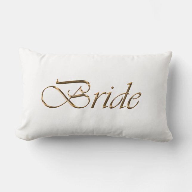 Bride, gold script elegant chic white lumbar pillow (Front)