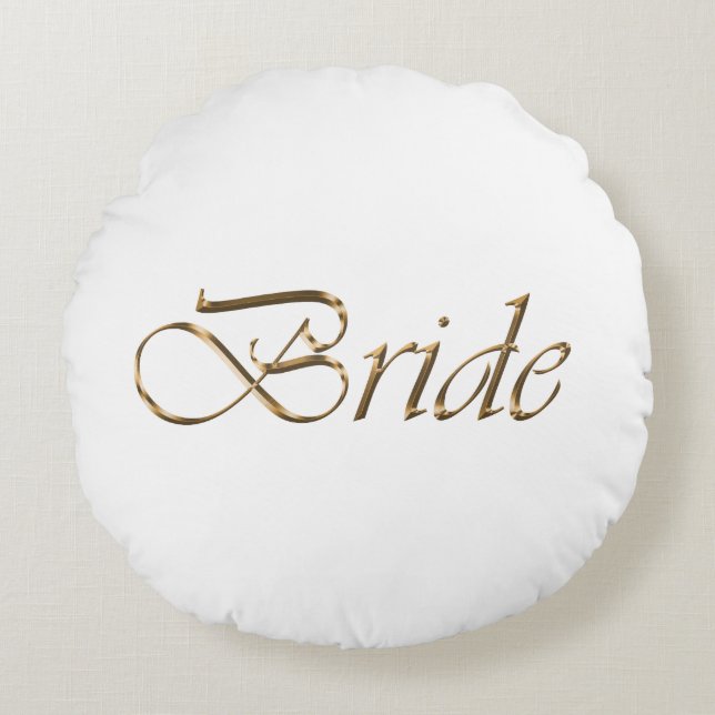 Bride, gold script elegant chic white round pillow (Front)
