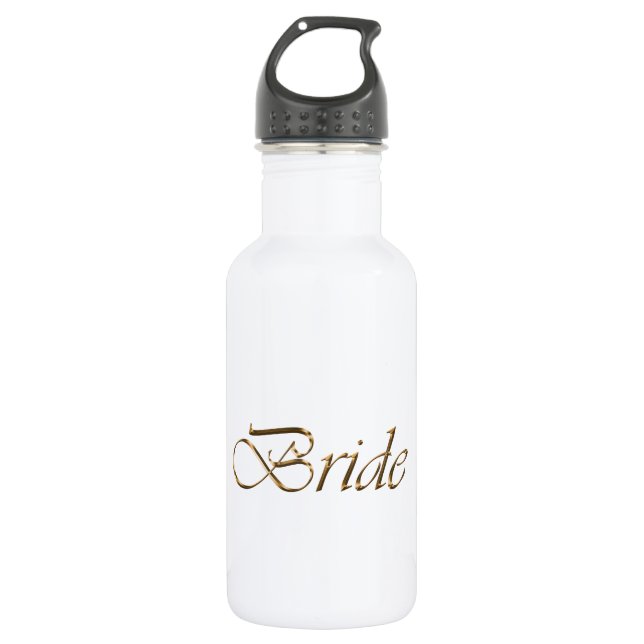 Bride, gold script elegant chic white stainless steel water bottle (Front)