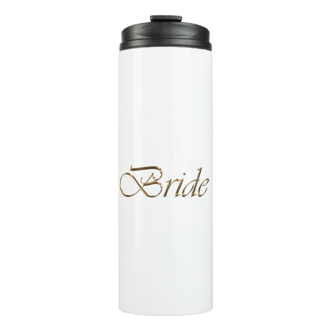 Bride, gold script elegant chic white thermal tumbler (Front)