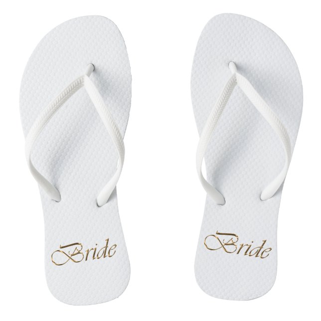 Bride, gold script elegant chic white wedding flip flops (Footbed)