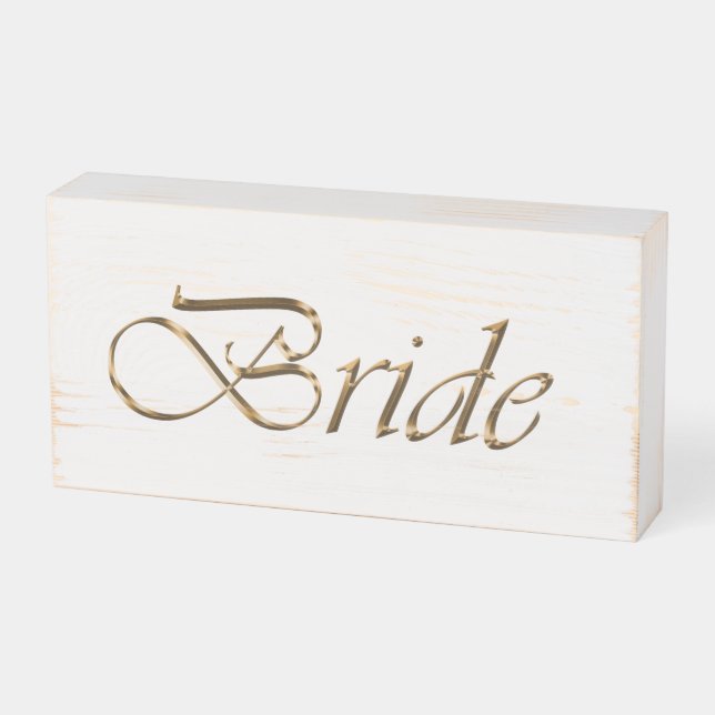 Bride, gold script elegant chic white wedding wooden box sign (Angled Horizontal)