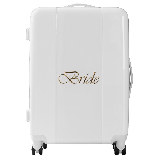 Bride gold script typography elegant chic wedding luggage (Front)