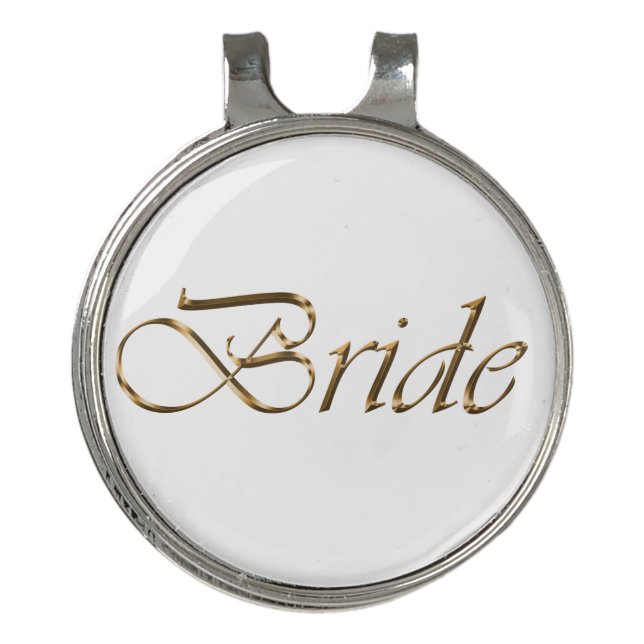 Bride gold script typography elegant chic white golf hat clip (Front)