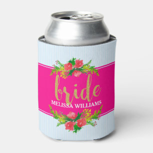 Bride-Gold Text, Floral Bouquet On Hot Pink & Blue Can Cooler