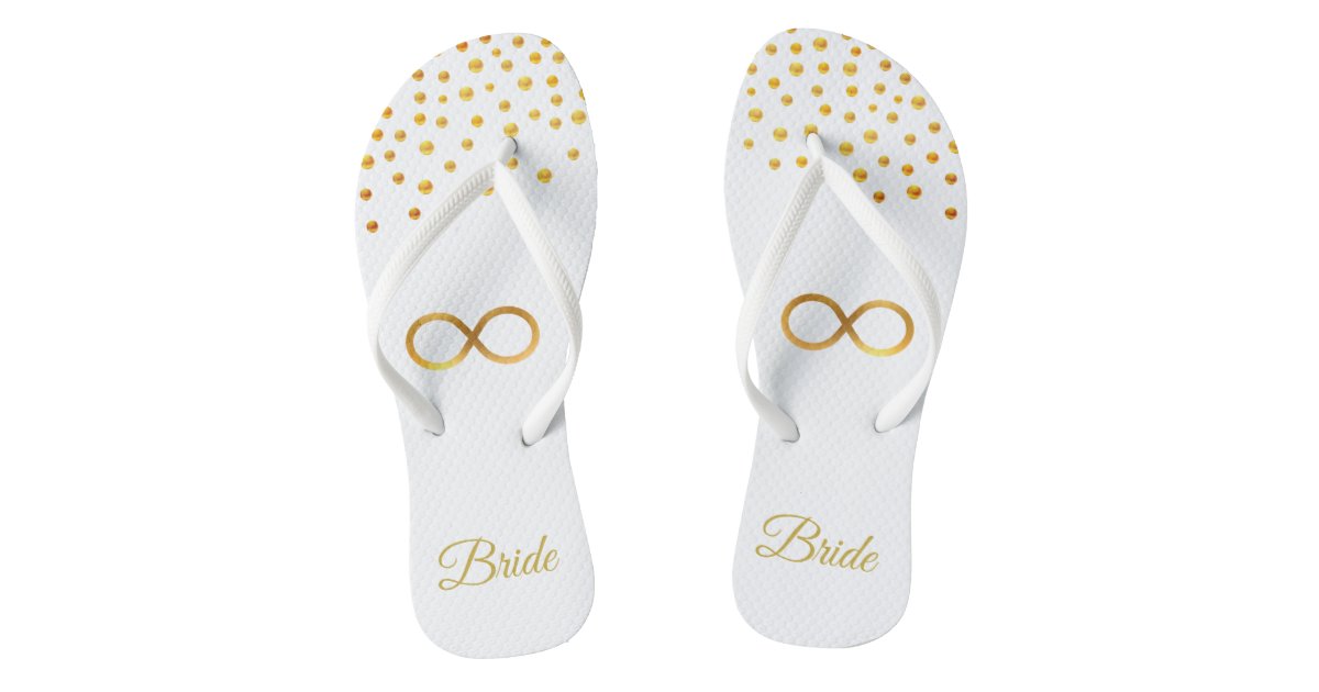 Bride Golden Infinity Symbol & Gold Confetti Flip Flops | Zazzle