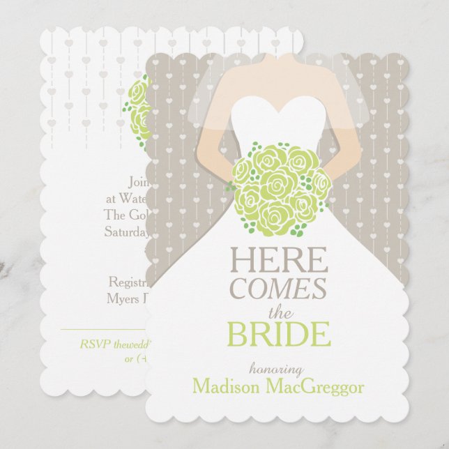 Bride green bouquet graphic bridal shower invite (Front/Back)