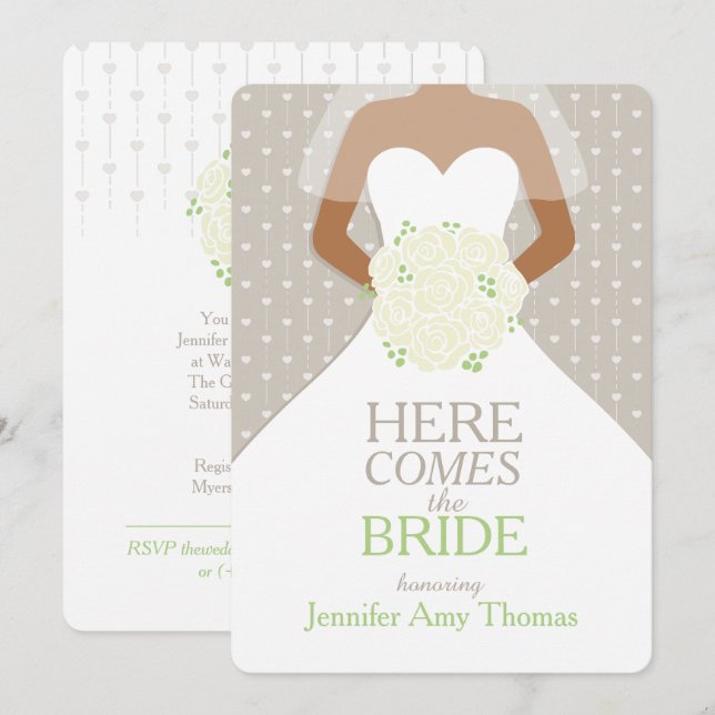 Bride green white roses bouquet bridal shower invitation (Front/Back)