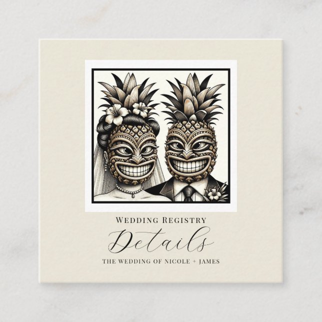 Bride & Groom Aloha Pineapple Tiki Wedding Details Square Business Card (Front)