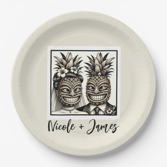 Bride & Groom Aloha Pineapple Tiki Wedding  Paper Plates (Front)