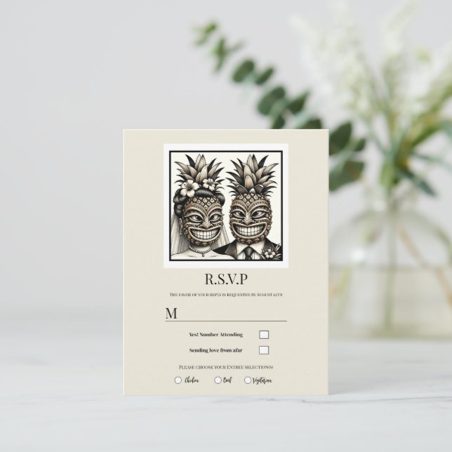Bride & Groom Aloha Pineapple Tiki Wedding RSVP Invitation (Standing Front)