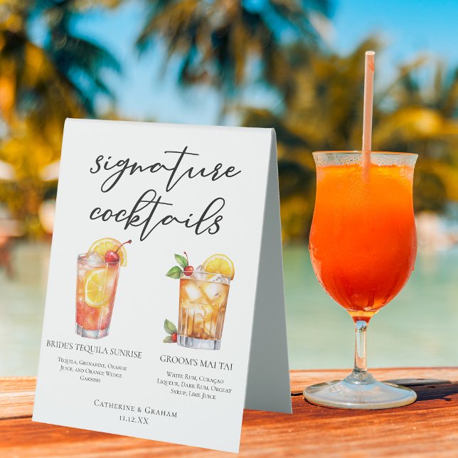 Bride Groom Beach Wedding Signature Cocktails Menu Table Tent (Creator Uploaded)