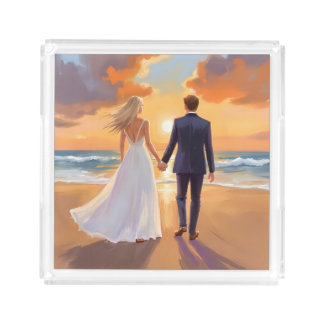 Bride & Groom Beach Wedding Watercolor Acrylic Tray