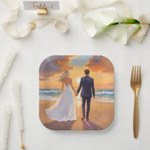 Bride & Groom Beach Wedding Watercolor Paper Plates