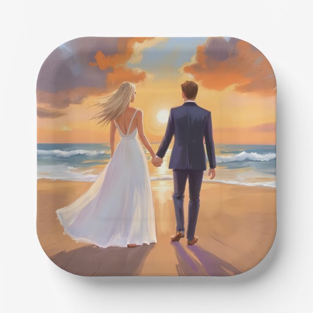Bride & Groom Beach Wedding Watercolor Paper Plates (Front)