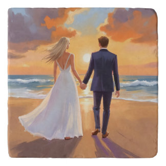 Bride & Groom Beach Wedding Watercolor Trivet