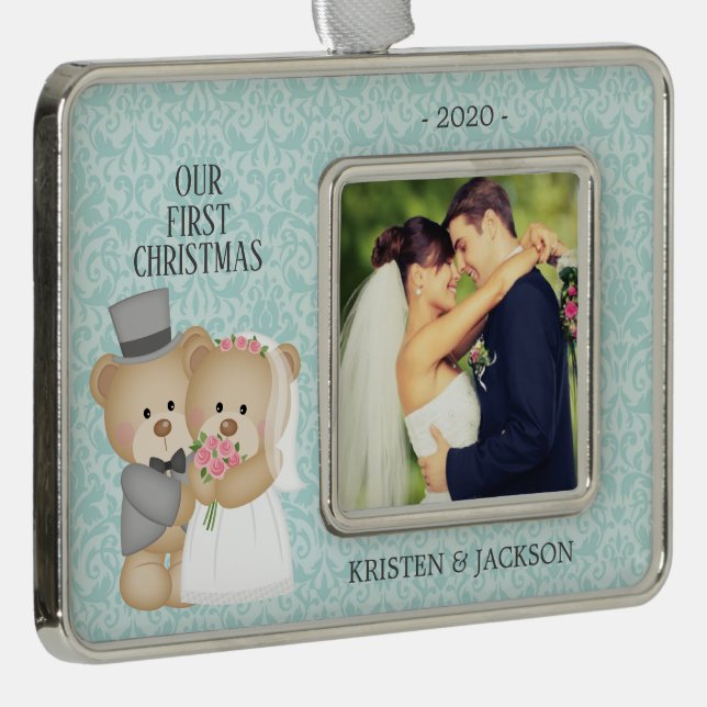 Bride & Groom Bears Photo First Christmas Ornament (Right)