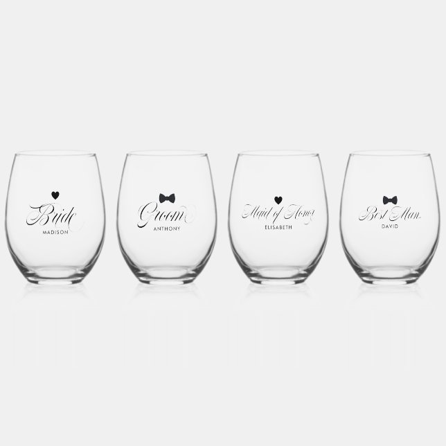 Bride, Groom, Best Man, Maid Of Honor Elegant Text Stemless Wine Glass (Front)