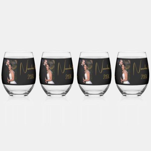 Bride  Groom Black  Gold Personalized Photo Stemless Wine Glass