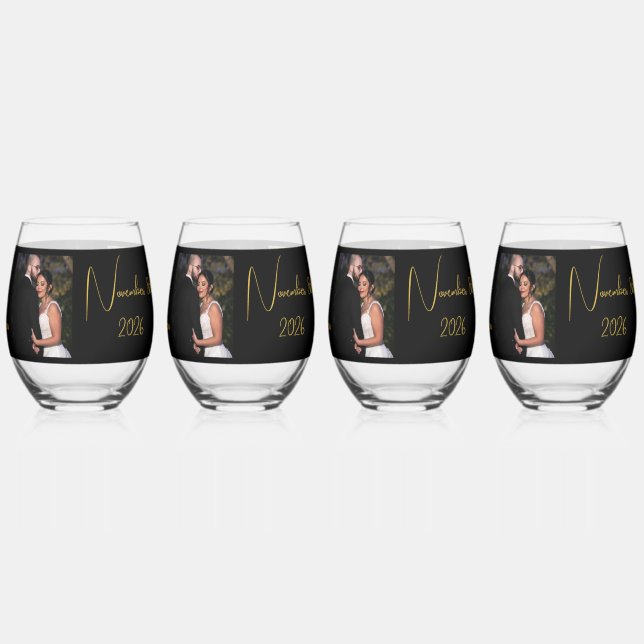 Bride & Groom Black & Gold Personalized Photo Stemless Wine Glass (Back)