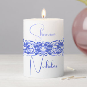 Bride & Groom Blue 'Scroll Art' Pillar Candle