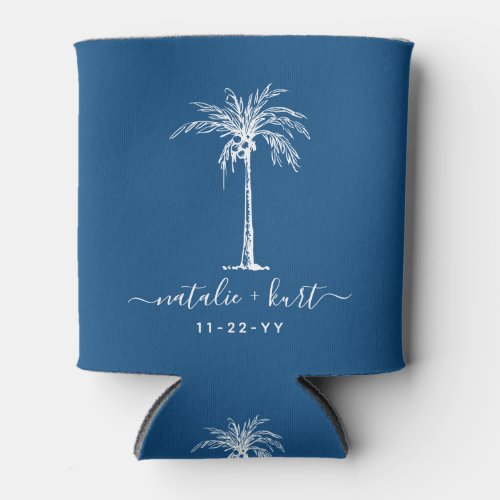 Bride Groom Blue White Palm Tree Custom Wedding Can Cooler