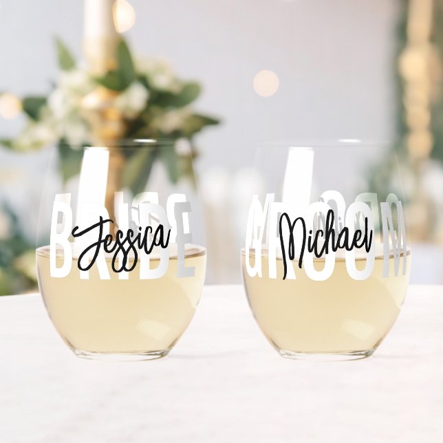 Bride Groom Brush Script Modern Stemless Wine Glass (Insitu (Wedding))