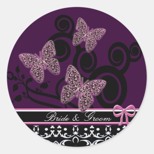 Bride  Groom Butterflies Swirls Pink Black White Classic Round Sticker