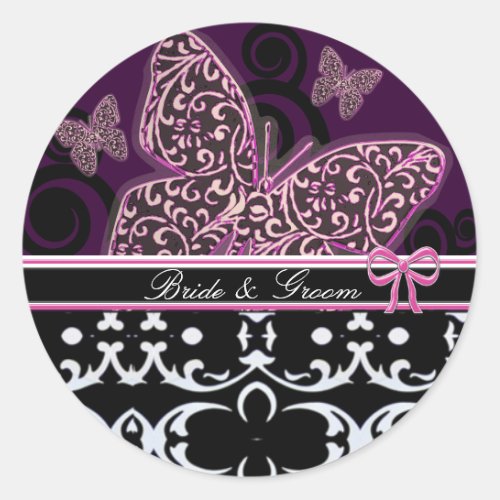 Bride  Groom Butterflies Swirls Pink Black White Classic Round Sticker