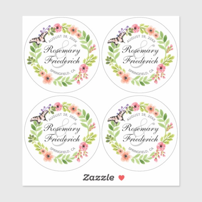 Bride & Groom Butterfly Wreath Round Plastic Sticker (Sheet)