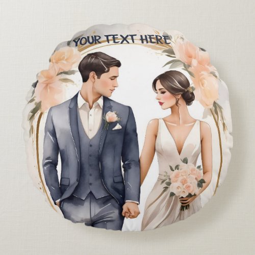 Bride  Groom Couple in Love  Round Pillow