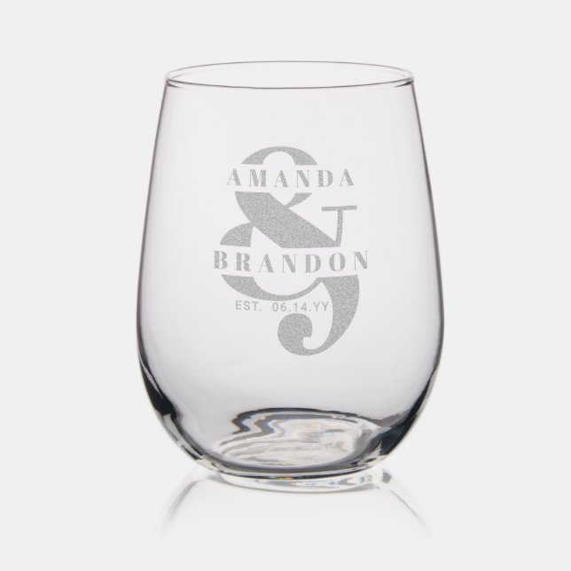 Bride & Groom Couple Minimalist Bold Script Etched Stemless Wine Glass (Glassware)