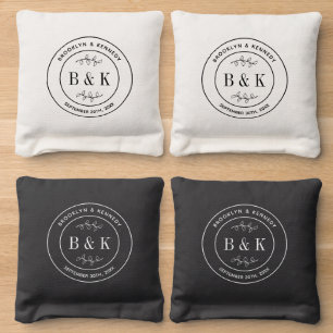 Bride Groom Couple Name Monogram Floral Foliage Cornhole Bags