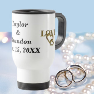 Bride & Groom Custom Name & Date Gold Love Hearts Travel Mug