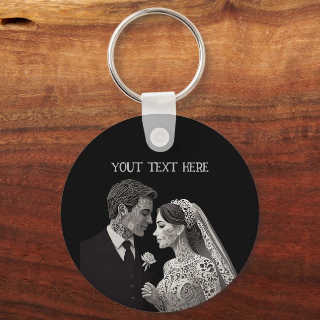 Bride & Groom Delicate White on Black Keychain (Back)