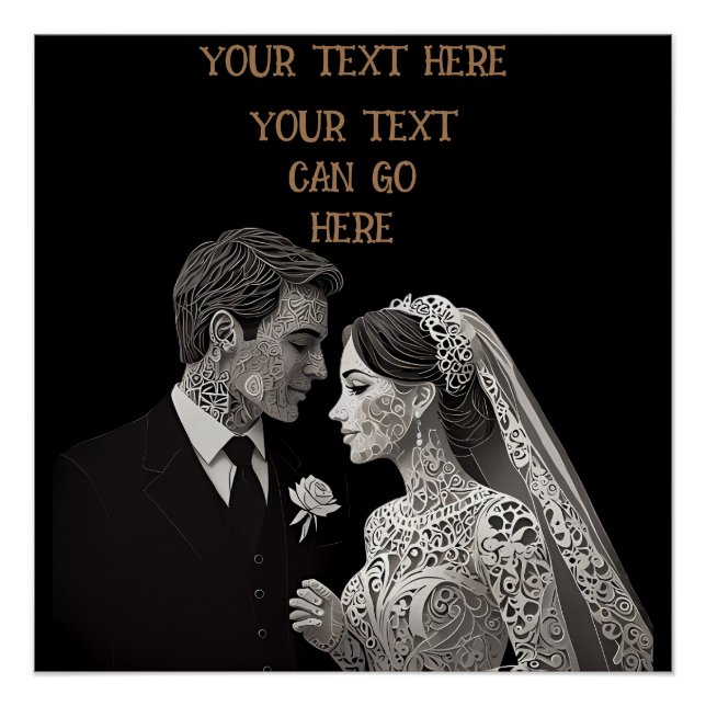 Bride & Groom Delicate White on Black Poster (Front)