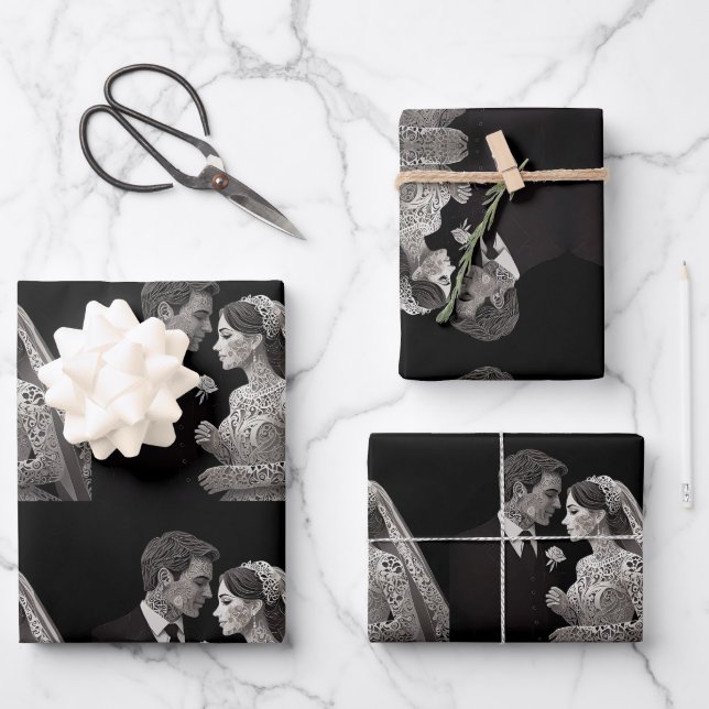 Bride & Groom Delicate White on Black Wrapping Paper Sheets (Front)