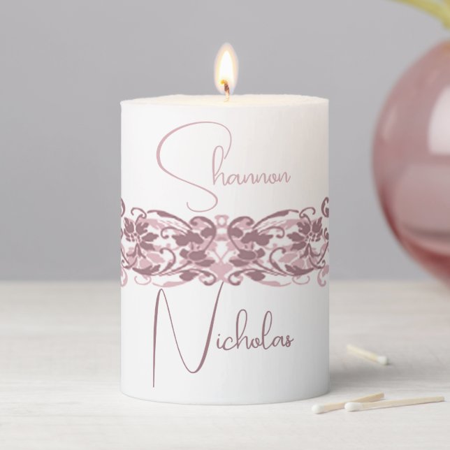 Bride & Groom Dusty Rose 'Scroll Art' Pillar Candle (In Situ)