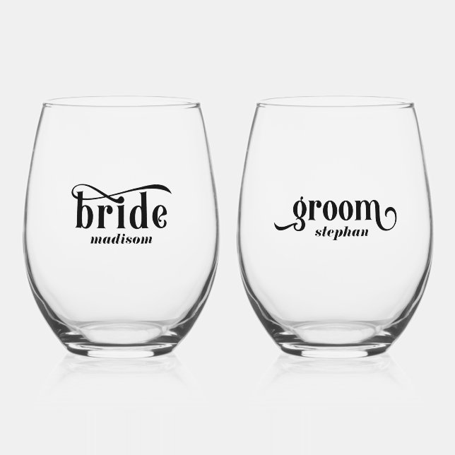Bride, Groom Elegant Black Typography Stemless Wine Glass (Front)