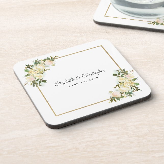 Bride Groom Elegant Rose Floral Wedding Keepsake Beverage Coaster (Left Side)